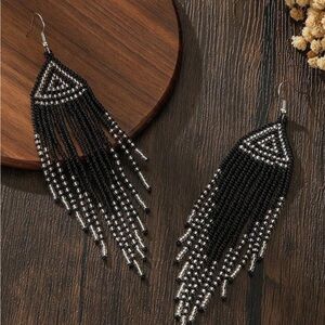 Elegant Black and Silver Beaded Fringe Earrings